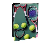 EdWal Custodia per passaporto con divertente racchette da tennis e palline da tennis, con porta carte di credito, in pelle, per donne, uomini, famiglia, viaggi, Nero , Taglia unica