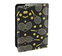 EdWal Custodia per passaporto con divertente racchette da tennis e palline da tennis, con porta carte di credito, in pelle, per donne, uomini, famiglia, viaggi, Nero , Taglia unica