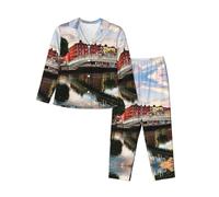 EdWal Dublino Irlanda Ha Penny Bridge River stampa pigiama Set per donna Pigiama Set moda camicia a maniche lunghe e pantaloni a lunghezza intera, Nero , L