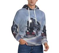 EdWal Felpa con cappuccio da uomo con stampa tramonto treno a vapore,Felpa comoda pullover da uomo,Felpe con cappuccio casual con coulisse, Nero , XXL