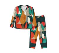 EdWal Flock of Birds - Set pigiama da donna con stampa di uccellini, camicia a maniche lunghe alla moda e pantaloni lunghi, Nero , XL