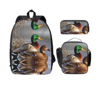 EdWal Mallard Duck Print Zaini con portapranzo borsa portamatite 3 pezzi, borsa leggera per libri per scuola media, Nero , Taglia unica