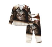 EdWal Pigiama da donna con stampa di gatto sotto la coperta, set pigiama alla moda a maniche lunghe e pantaloni a lunghezza intera, Nero , S