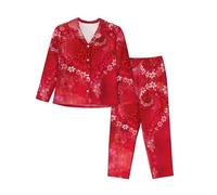 EdWal Pigiama da donna con stampa floreale e cuore per San Valentino Set pigiama alla moda a maniche lunghe e pantaloni a lunghezza intera, Nero , XL