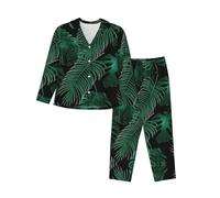 EdWal Pigiama da donna con stampa verde foglia di banana set pigiama camicia a maniche lunghe alla moda e pantaloni a lunghezza intera, Nero , S