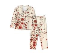 EdWal Pigiama giapponese con stampa floreale prugna primaverile per donne set pigiama alla moda a maniche lunghe e pantaloni a lunghezza intera, Nero , M