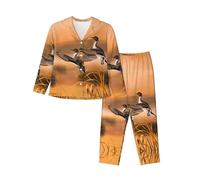 EdWal Pittura ad olio Stampa anatra Pigiama Set per le Donne Delle Donne Pigiama Set Moda Manica Lunga Camicia e Fondo A Lunghezza Completa, Nero , XL