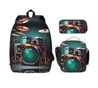 EdWal Set di 3 zaini con stampa di batteria e astuccio per il pranzo, leggero, per scuola media, Nero , Taglia unica