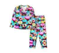 EdWal Set pigiama colorato con dolce lecca-lecca cupcake ciambella stampa per donne pigiama set moda manica lunga camicia e fondo a lunghezza intera, Nero , M