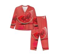 EdWal Set pigiama da donna con stampa anguria rossa, camicia a maniche lunghe alla moda e pantaloni a lunghezza intera, Nero , L
