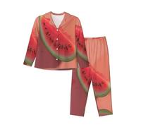 EdWal Set pigiama da donna con stampa anguria rossa, camicia a maniche lunghe alla moda e pantaloni a lunghezza intera, Nero , M
