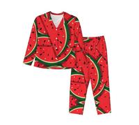 EdWal Set pigiama da donna con stampa anguria rossa, camicia a maniche lunghe alla moda e pantaloni a lunghezza intera, Nero , S
