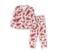 EdWal Set pigiama da donna con stampa aragosta rossa, camicia a maniche lunghe alla moda e pantaloni a lunghezza intera, Nero , L