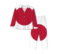 EdWal Set pigiama da donna con stampa bandiera giapponese, camicia a maniche lunghe alla moda e pantaloni a lunghezza intera, Nero , L