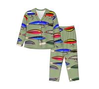 EdWal Set pigiama da donna con stampa con esca da pesca, camicia a maniche lunghe alla moda e pantaloni a lunghezza intera, Nero , L