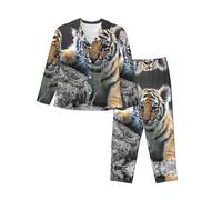 EdWal Set pigiama da donna con stampa cucciolo di tigre, camicia a maniche lunghe alla moda e pantaloni a lunghezza intera, Nero , XL