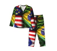 EdWal Set pigiama da donna con stampa di bandiere americane e brasiliane, camicia a maniche lunghe alla moda e pantaloni a lunghezza intera, Nero , XXL