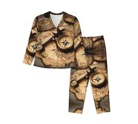 EdWal Set pigiama da donna con stampa di bussola e vecchia mappa del mondo, camicia a maniche lunghe alla moda e pantaloni a lunghezza intera, Nero , L
