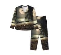 EdWal Set pigiama da donna con stampa di palme tropicali con luna piena e notte stellata, set pigiama da donna alla moda a maniche lunghe e pantaloni a lunghezza intera, Nero , M