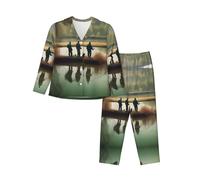 EdWal Set pigiama da donna con stampa di pescatori sul lago di pesca, set pigiama alla moda a maniche lunghe e pantaloni a lunghezza intera, Nero , XXL