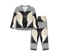 EdWal Set pigiama da donna con stampa di piume d'angelo, camicia a maniche lunghe alla moda e pantaloni a lunghezza intera, Nero , L