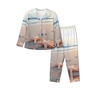 EdWal Set pigiama da donna con stampa di stelle marine e spiaggia con maglietta a maniche lunghe alla moda e pantaloni a lunghezza intera, Nero , XXL