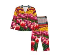 EdWal Set pigiama da donna con stampa di tulipani colorati, camicia a maniche lunghe alla moda e pantaloni a lunghezza intera, Nero , S
