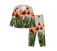 EdWal Set pigiama da donna con stampa di tulipani colorati, camicia a maniche lunghe alla moda e pantaloni a lunghezza intera, Nero , XXL
