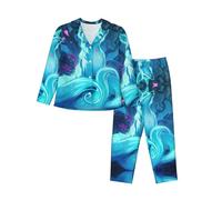 EdWal Set pigiama da donna con stampa di volpe blu magica, set pigiama alla moda a maniche lunghe e pantaloni a lunghezza intera, Nero , XL