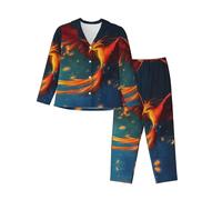 EdWal Set pigiama da donna con stampa fenice arancione rossa e maglietta a maniche lunghe alla moda e pantaloni a lunghezza intera, Nero , S