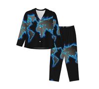 EdWal Set pigiama da donna con stampa mappa del mondo, camicia a maniche lunghe alla moda e pantaloni a lunghezza intera, Nero , XXL