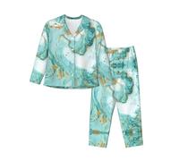 EdWal Set pigiama da donna con stampa marmo verde acqua e oro set pigiama camicia a maniche lunghe alla moda e fondo a lunghezza intera, Nero , XXL