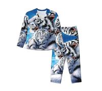 EdWal Set pigiama da donna con stampa tigre bianca, camicia a maniche lunghe alla moda e pantaloni a lunghezza intera, Nero , M