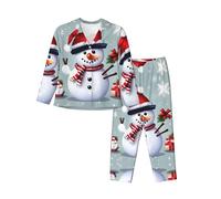 EdWal Set pigiama natalizio con stampa pupazzo di neve felice per donne set pigiama alla moda a maniche lunghe e pantaloni a lunghezza intera, Nero , XXL