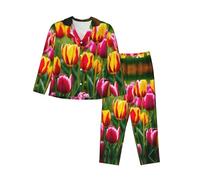 EdWal Set pigiama rosa con stampa tulipani per donne Set pigiama da donna Camicia a maniche lunghe alla moda e fondo a lunghezza intera, Nero , L