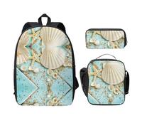 EdWal Zaini con stampa blu oceano, mare, spiaggia, conchiglie, stelle marine, con astuccio per il pranzo, 3 pezzi, borsa leggera per libri per scuola media, Nero , Taglia unica