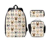 EdWal Zaini con stampa di bulldog francese con astuccio per il pranzo, 3 pezzi, borsa leggera per libri per scuola media, Nero , Taglia unica