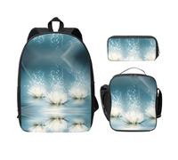 EdWal Zaini con stampa di fiori di loto bianco con astuccio per il pranzo, 3 pezzi, borsa leggera per libri per scuola media, Nero , Taglia unica