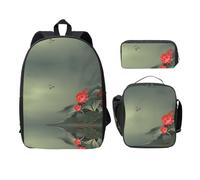 EdWal Zaini con stampa di fiori di loto e libellula, con astuccio per il pranzo, 3 pezzi, borsa leggera per libri per la scuola media, Nero , Taglia unica