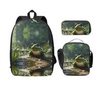 EdWal Zaini con stampa di foglie di rana con astuccio per il pranzo, 3 pezzi, borsa leggera per libri per scuola media, Nero , Taglia unica