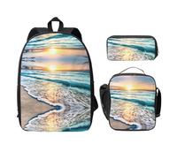 EdWal Zaini con stampa di onde sull'oceano e tramonto sulla spiaggia, con astuccio per il pranzo, 3 pezzi, borsa leggera per libri per scuola media, Nero , Taglia unica