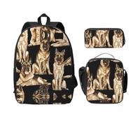 EdWal Zaini con stampa di pastore tedesco, con astuccio per il pranzo, 3 pezzi, borsa leggera per libri per la scuola media, Nero , Taglia unica