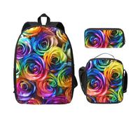 EdWal Zaini con stampa di rose arcobaleno con astuccio per il pranzo, 3 pezzi, borsa leggera per libri per scuola media, Nero , Taglia unica