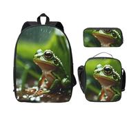 EdWal Zaini con stampa rana e pioggia, con astuccio per il pranzo, 3 pezzi, borsa leggera per libri per scuola media, Nero , Taglia unica