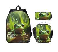 EdWal Zaini con stampa rana e pioggia, con astuccio per il pranzo, 3 pezzi, borsa leggera per libri per scuola media, Nero , Taglia unica