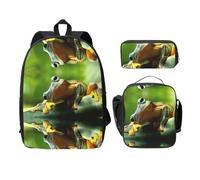 EdWal Zaini con stampa rana verde con astuccio per il pranzo, 3 pezzi, borsa leggera per libri per scuola media, Nero , Taglia unica