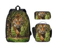 EdWal Zaini con stampa tigre nella giungla, con astuccio per il pranzo, 3 pezzi, borsa leggera per libri per scuola media, Nero , Taglia unica