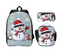 EdWal Zaini natalizi con stampa pupazzo di neve felice con astuccio per il pranzo, 3 pezzi, borsa leggera per libri per scuola media, Nero , Taglia unica