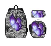 EdWal Zaini viola con stampa farfalla con astuccio portapranzo, 3 pezzi, borsa leggera per libri per scuola media, Nero , Taglia unica