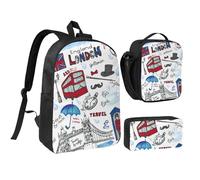 EdWal Zaino scolastico con stampa di Londra, 3 pezzi, con portapranzo e astuccio per matite, leggero